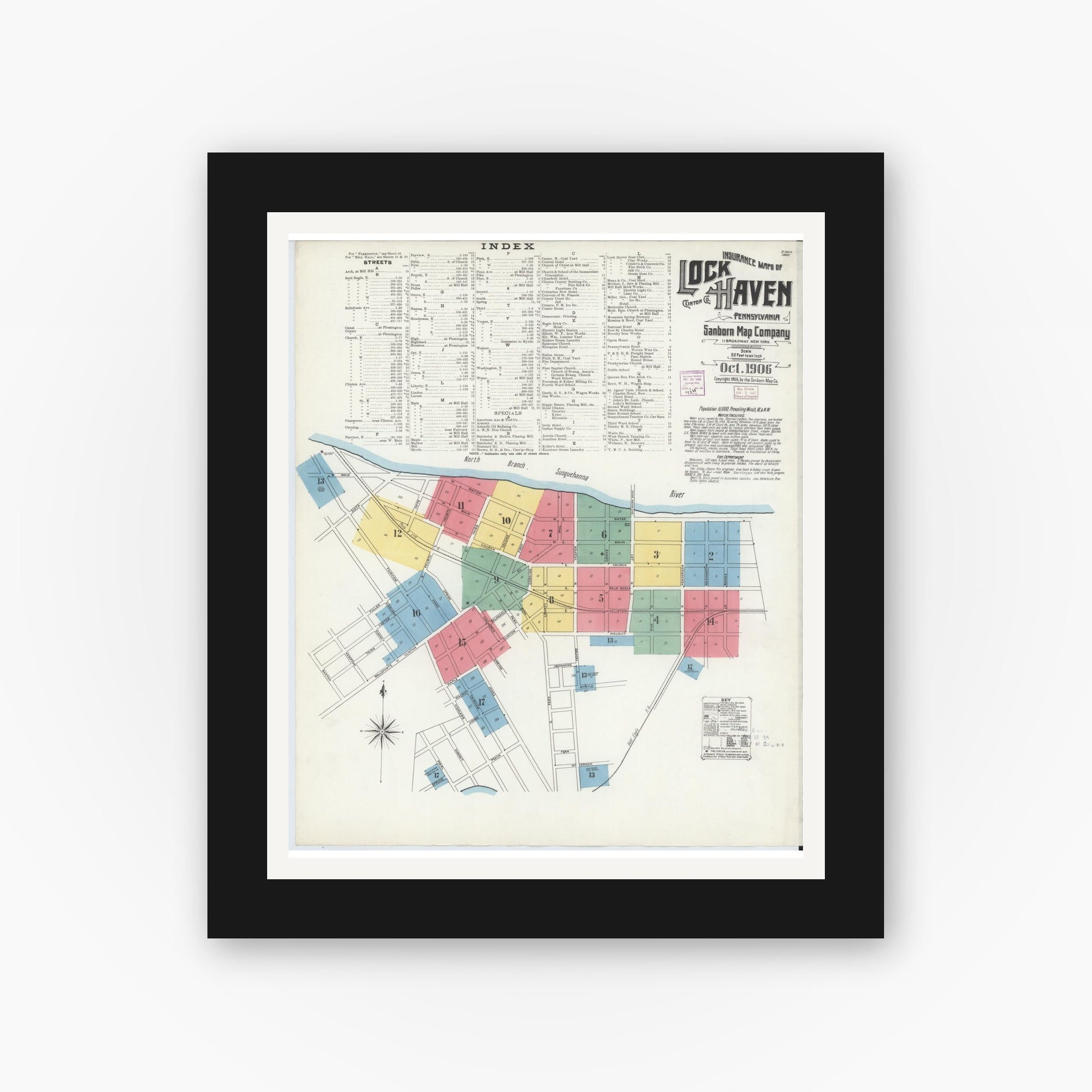 Old map wall art mockup — black gallery frame with white mat — Sanborn Fire Insurance Map from Lock Haven, Clinton County, Pennsylvania (1906), Sheet #0001
