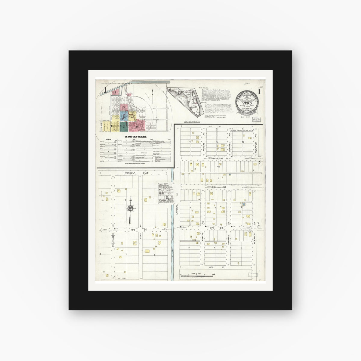 Old map wall art mockup — black gallery frame with white mat — Sanborn Fire Insurance Map from Vero Beach, Indian River County, Florida (1923) - Complete Map Set