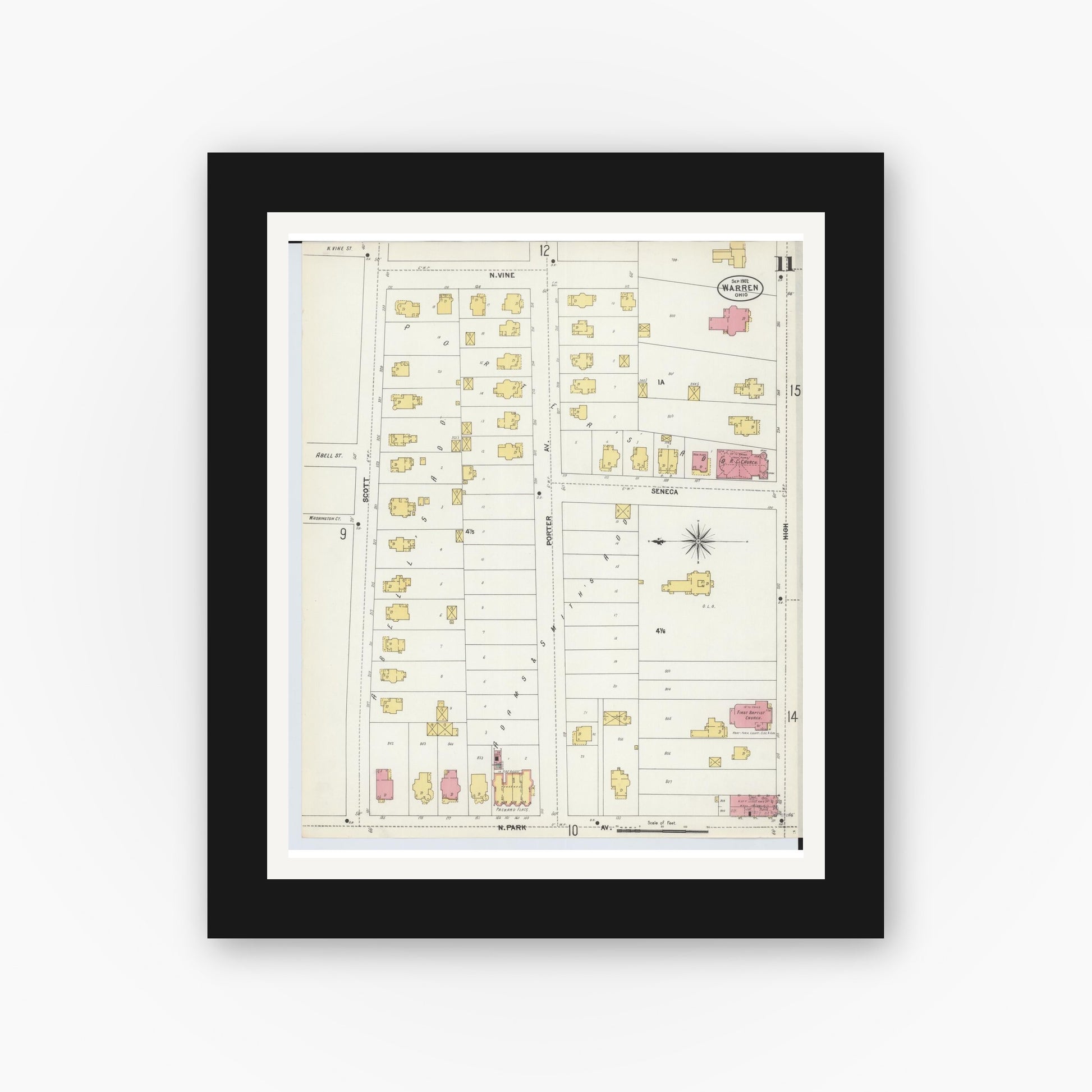 Old map wall art mockup — black gallery frame with white mat — Sanborn Fire Insurance Map from Warren, Trumbull County, Ohio (1902), Sheet #0011