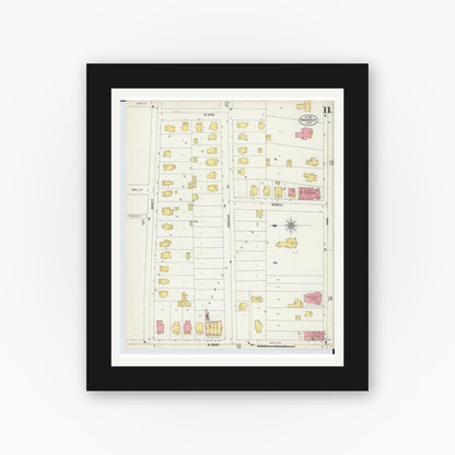 Old map wall art mockup — black gallery frame with white mat — Sanborn Fire Insurance Map from Warren, Trumbull County, Ohio (1902), Sheet #0011