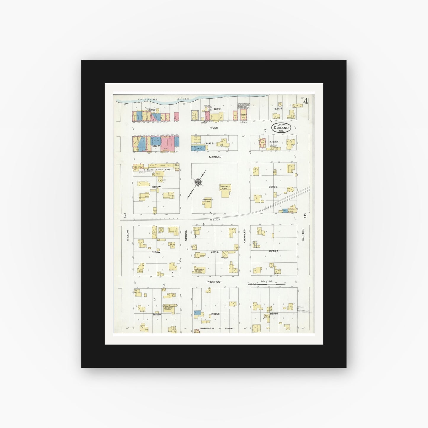 Old map wall art mockup — black gallery frame with white mat — Sanborn Fire Insurance Map from Durand, Pepin County, Wisconsin (1910), Sheet #0004