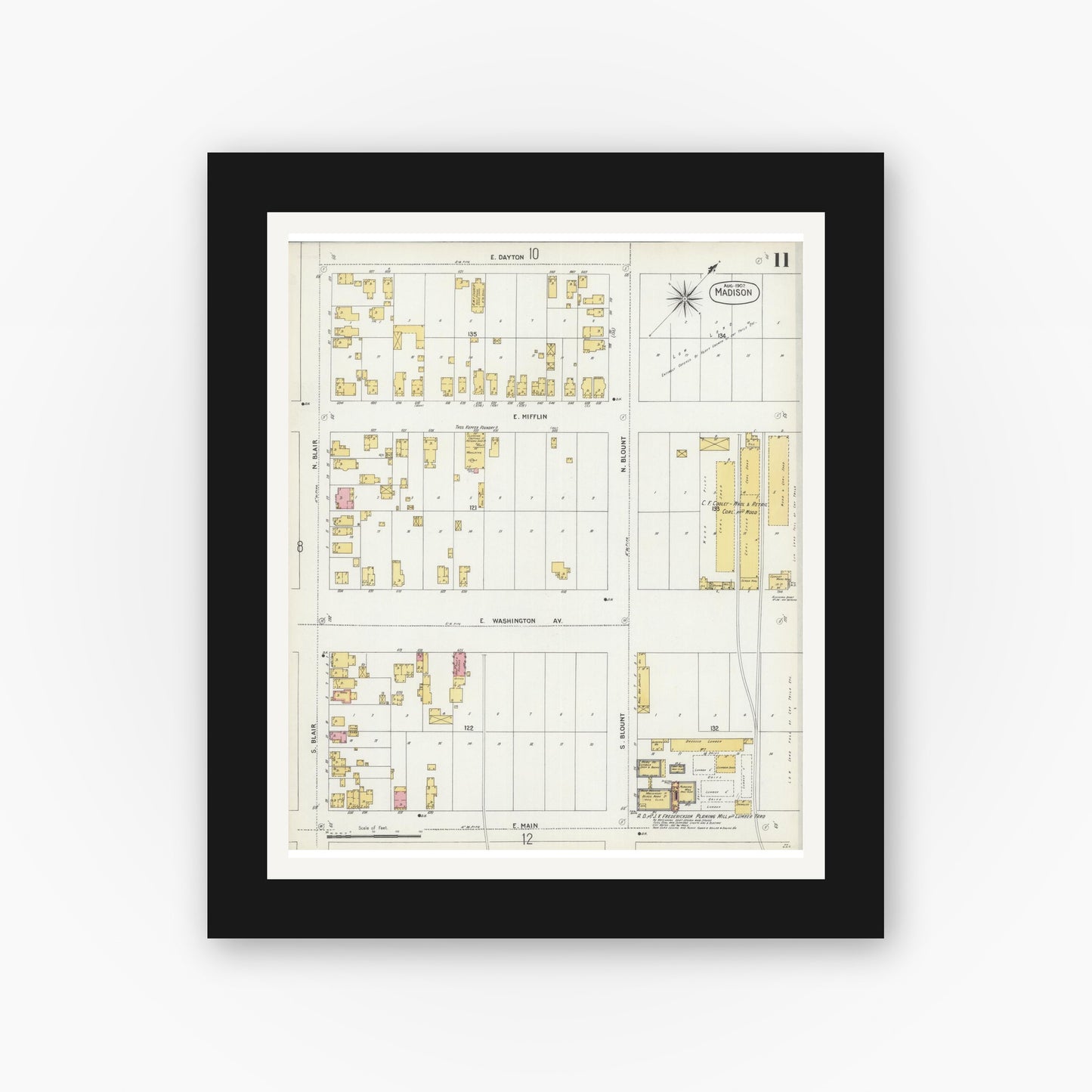 Old map wall art mockup — black gallery frame with white mat — Sanborn Fire Insurance Map from Madison, Dane County, Wisconsin (1902), Sheet #0011