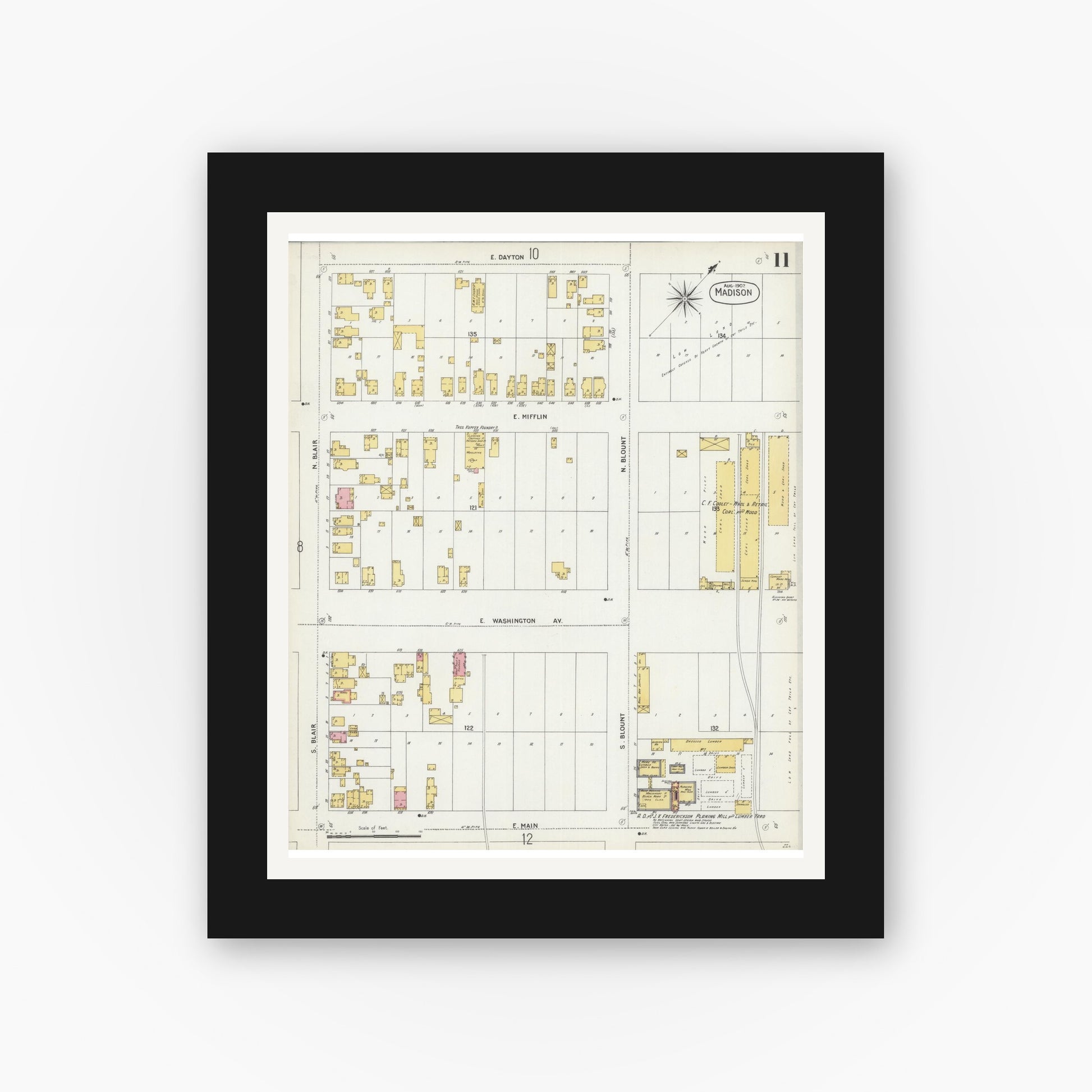 Old map wall art mockup — black gallery frame with white mat — Sanborn Fire Insurance Map from Madison, Dane County, Wisconsin (1902), Sheet #0011