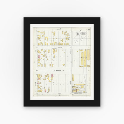 Old map wall art mockup — black gallery frame with white mat — Sanborn Fire Insurance Map from Madison, Dane County, Wisconsin (1902), Sheet #0011