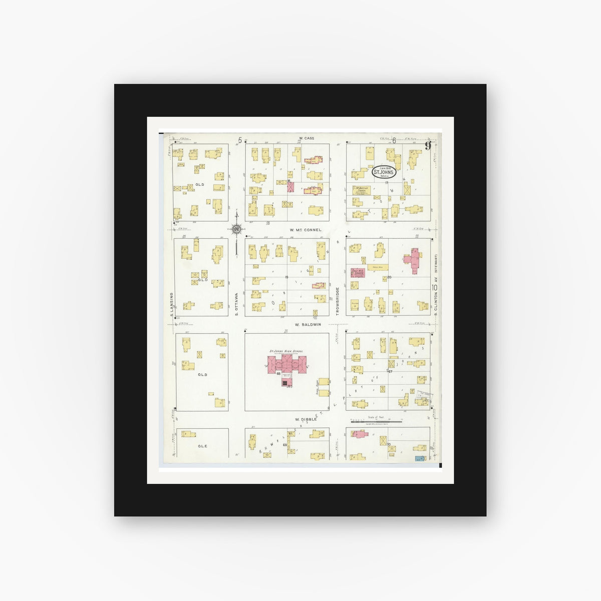 Old map wall art mockup — black gallery frame with white mat — Sanborn Fire Insurance Map from Saint Johns, Clinton County, Michigan (1918), Sheet #0009