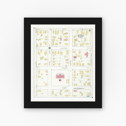 Old map wall art mockup — black gallery frame with white mat — Sanborn Fire Insurance Map from Saint Johns, Clinton County, Michigan (1918), Sheet #0009