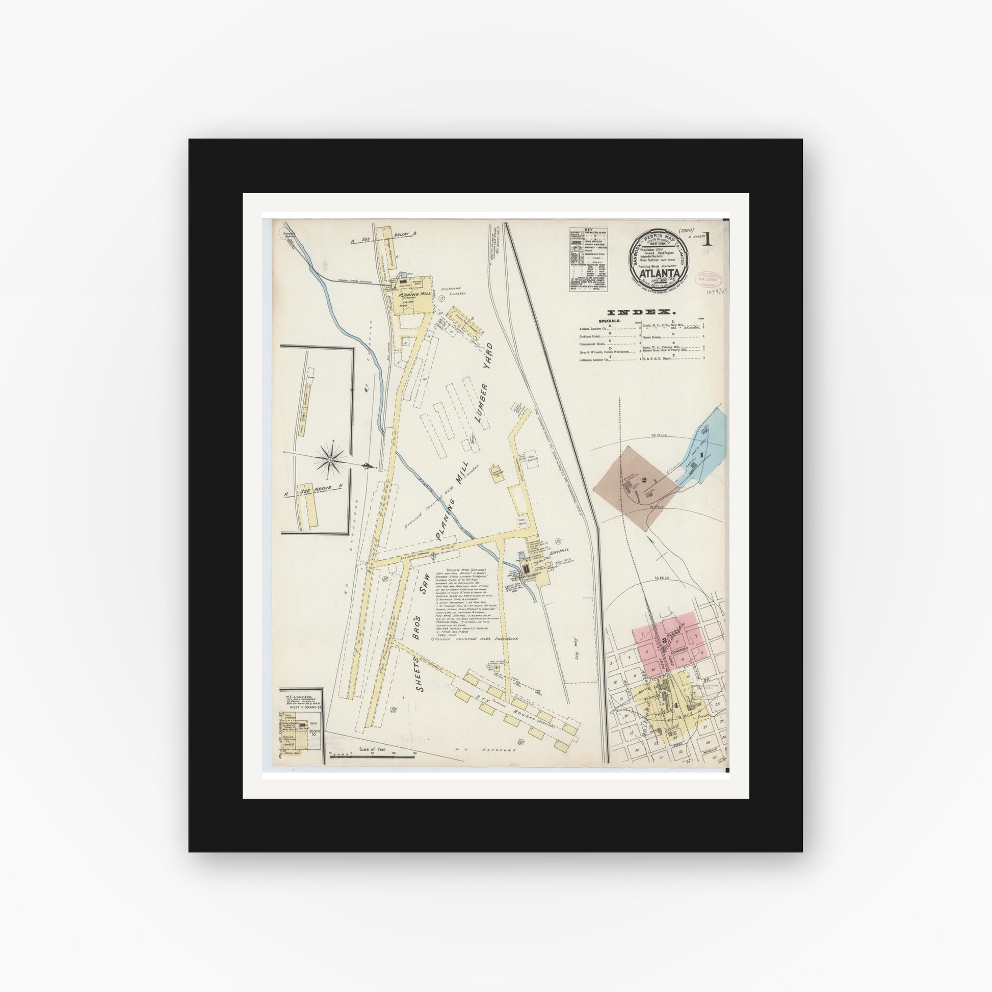 Old map wall art mockup — black gallery frame with white mat — Sanborn Fire Insurance Map from Atlanta, Cass County, Texas (1890), Sheet #0001