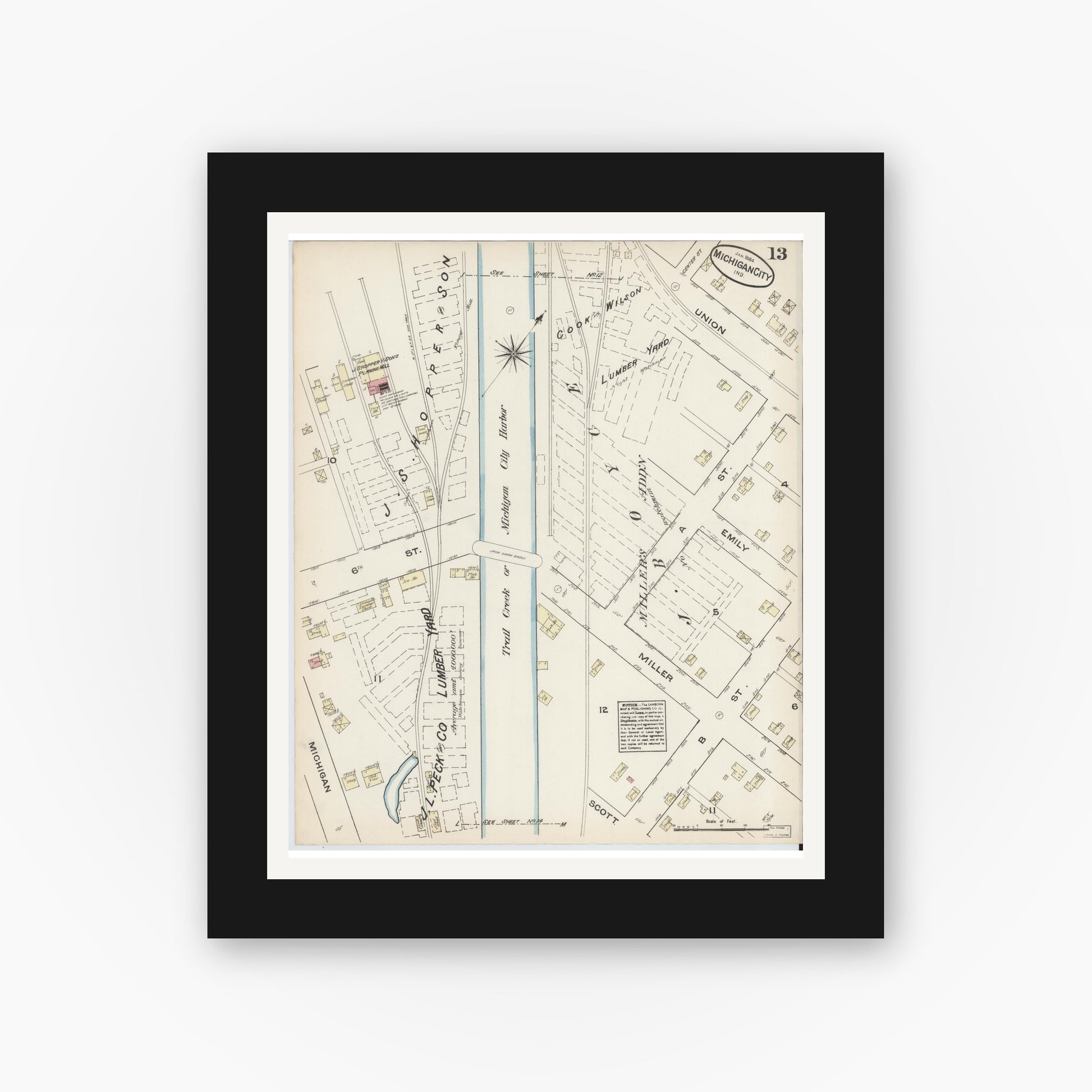 Old map wall art mockup — black gallery frame with white mat — Sanborn Fire Insurance Map from Michigan City, La Porte  County, Indiana (1884), Sheet #0013
