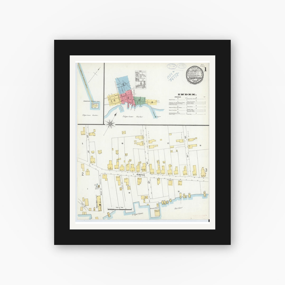 Old map wall art mockup — black gallery frame with white mat — Sanborn Fire Insurance Map from Edgartown, Dukes County, Massachusetts (1898) - Complete Map Set