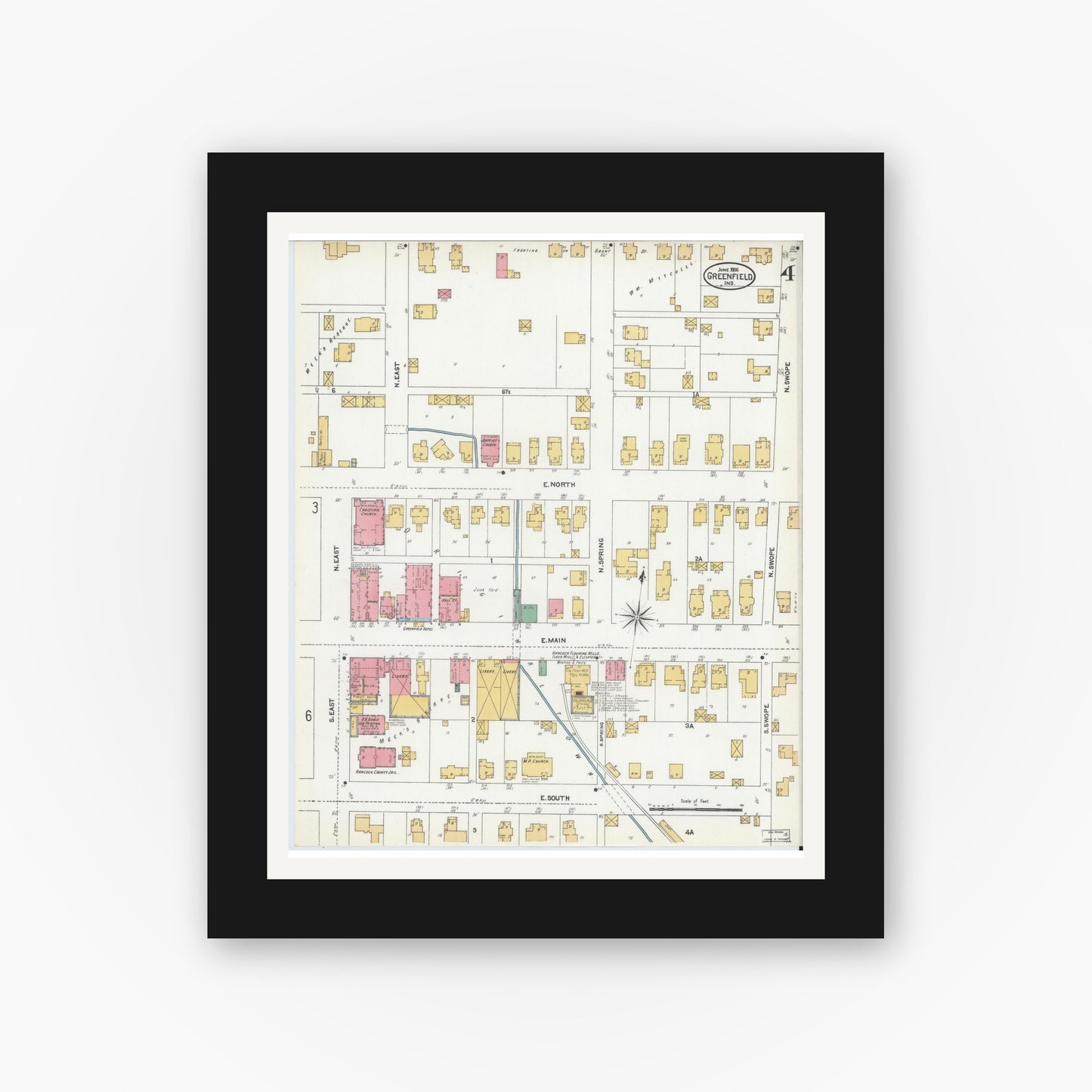 Old map wall art mockup — black gallery frame with white mat — Sanborn Fire Insurance Map from Greenfield, Hancock County, Indiana (1906), Sheet #0004