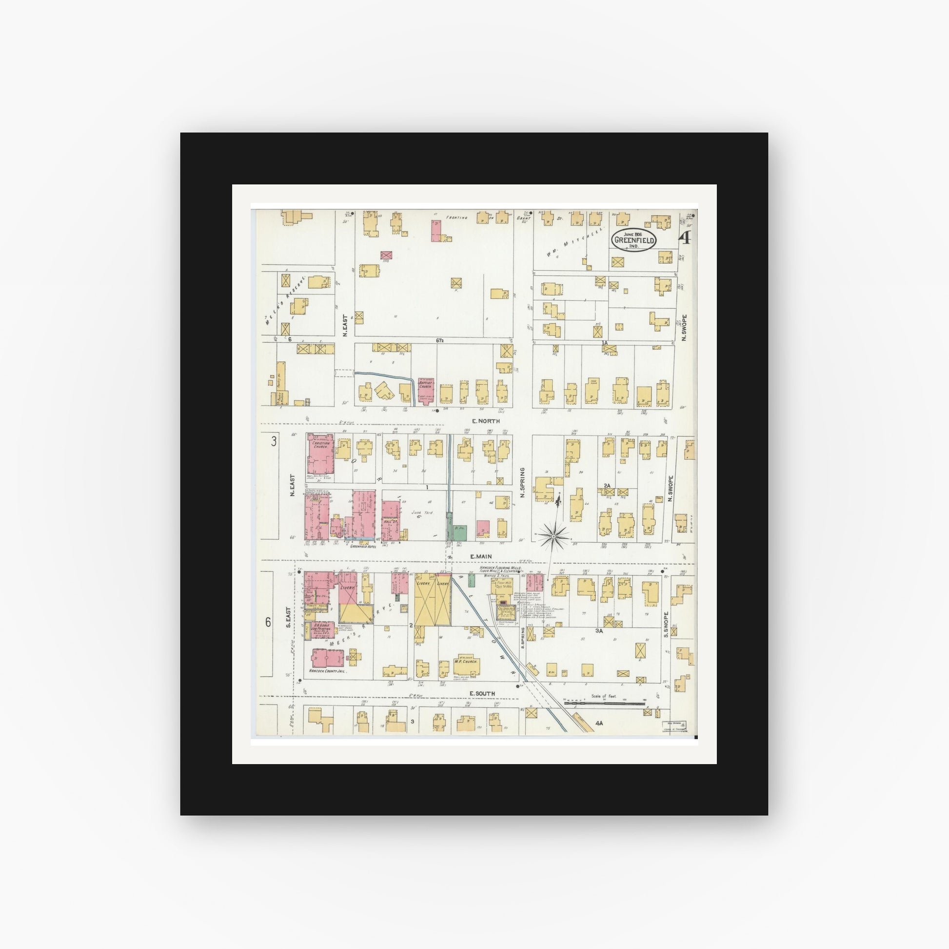 Old map wall art mockup — black gallery frame with white mat — Sanborn Fire Insurance Map from Greenfield, Hancock County, Indiana (1906), Sheet #0004