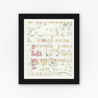 Old map wall art mockup — black gallery frame with white mat — Sanborn Fire Insurance Map from Greenfield, Hancock County, Indiana (1906), Sheet #0004