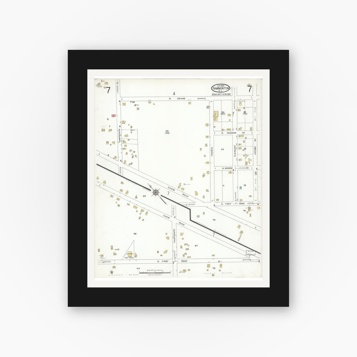 Old map wall art mockup — black gallery frame with white mat — Sanborn Fire Insurance Map from Hammonton, Atlantic County, New Jersey (1923), Sheet #0007