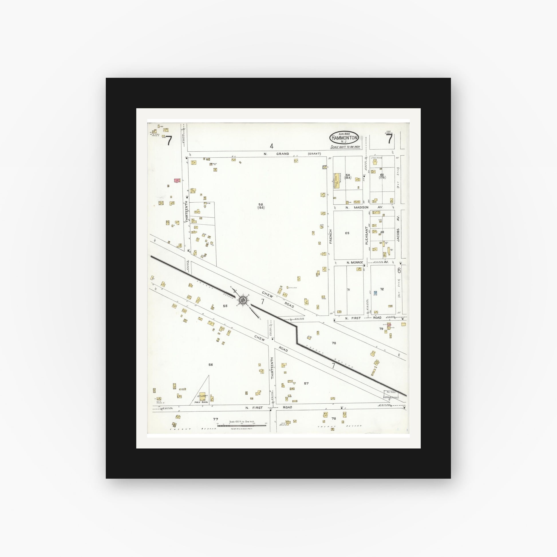 Old map wall art mockup — black gallery frame with white mat — Sanborn Fire Insurance Map from Hammonton, Atlantic County, New Jersey (1923), Sheet #0007