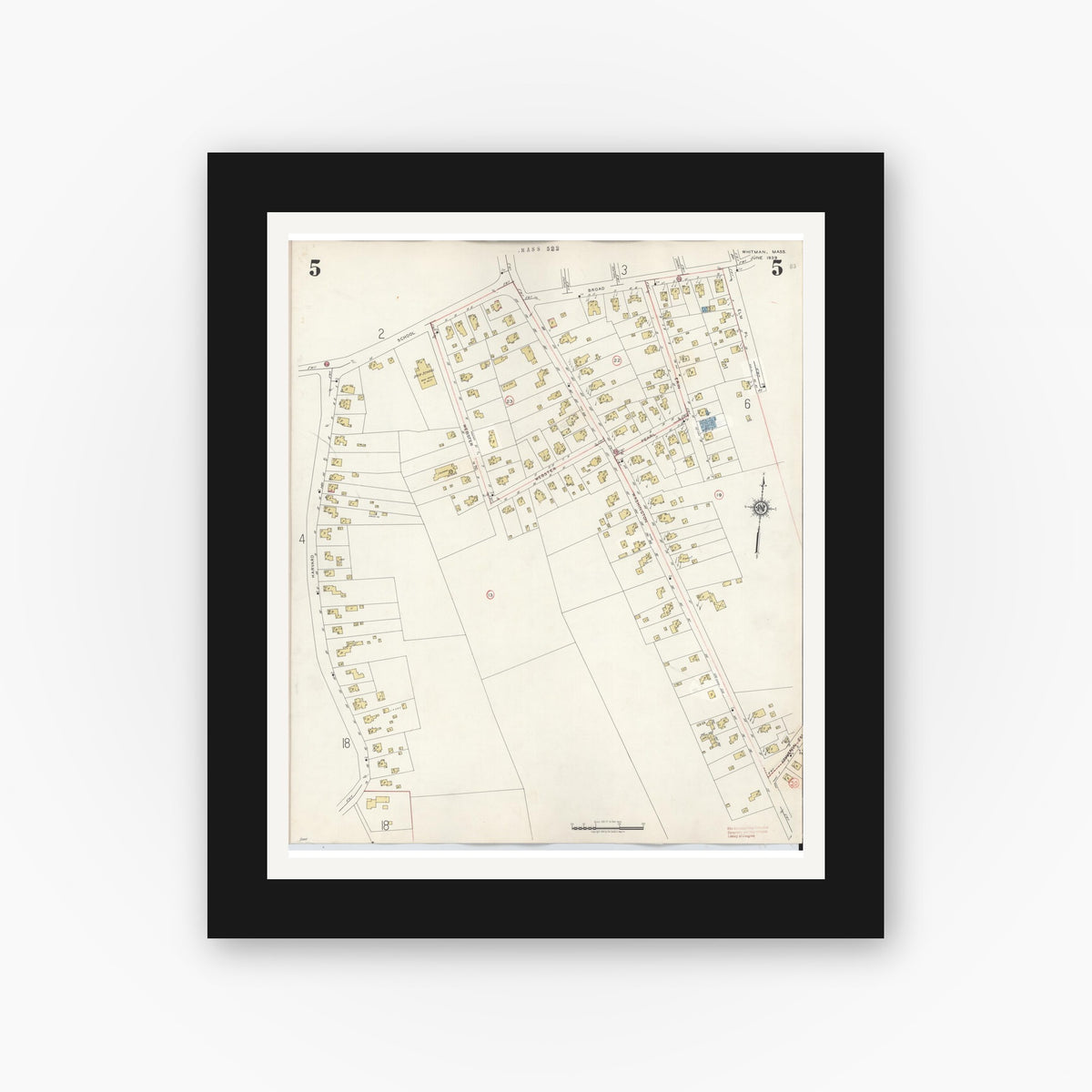 Old map wall art mockup — black gallery frame with white mat — Sanborn Fire Insurance Map from Whitman, Plymouth County, Massachusetts (1950), Sheet #0005