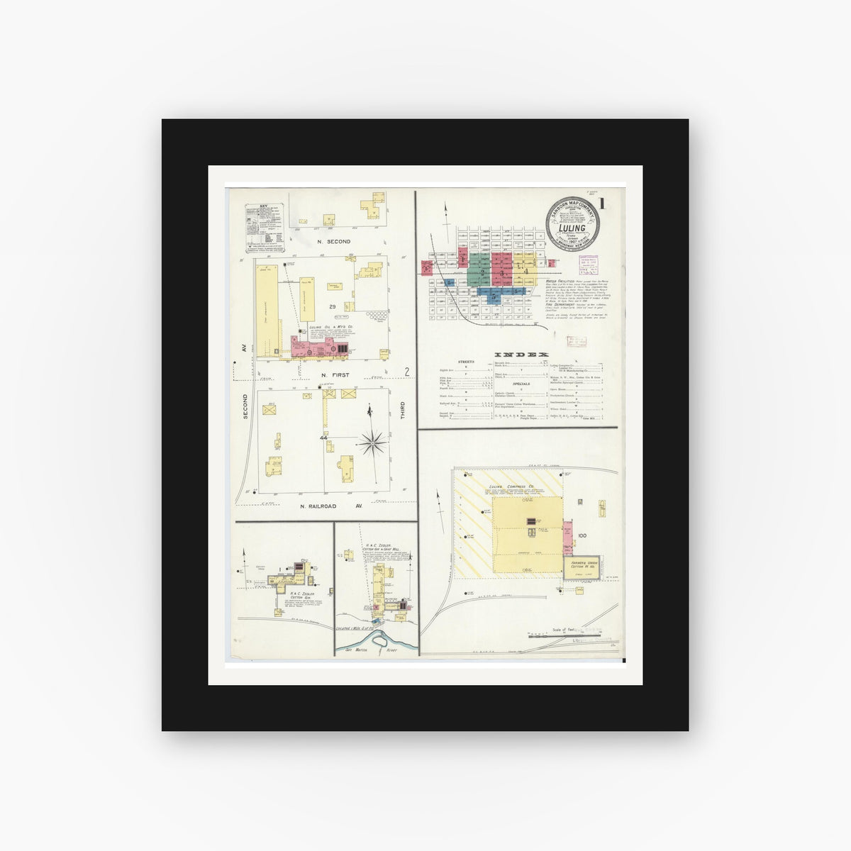 Old map wall art mockup — black gallery frame with white mat — Sanborn Fire Insurance Map from Luling, Caldwell County, Texas (1907), Sheet #0001