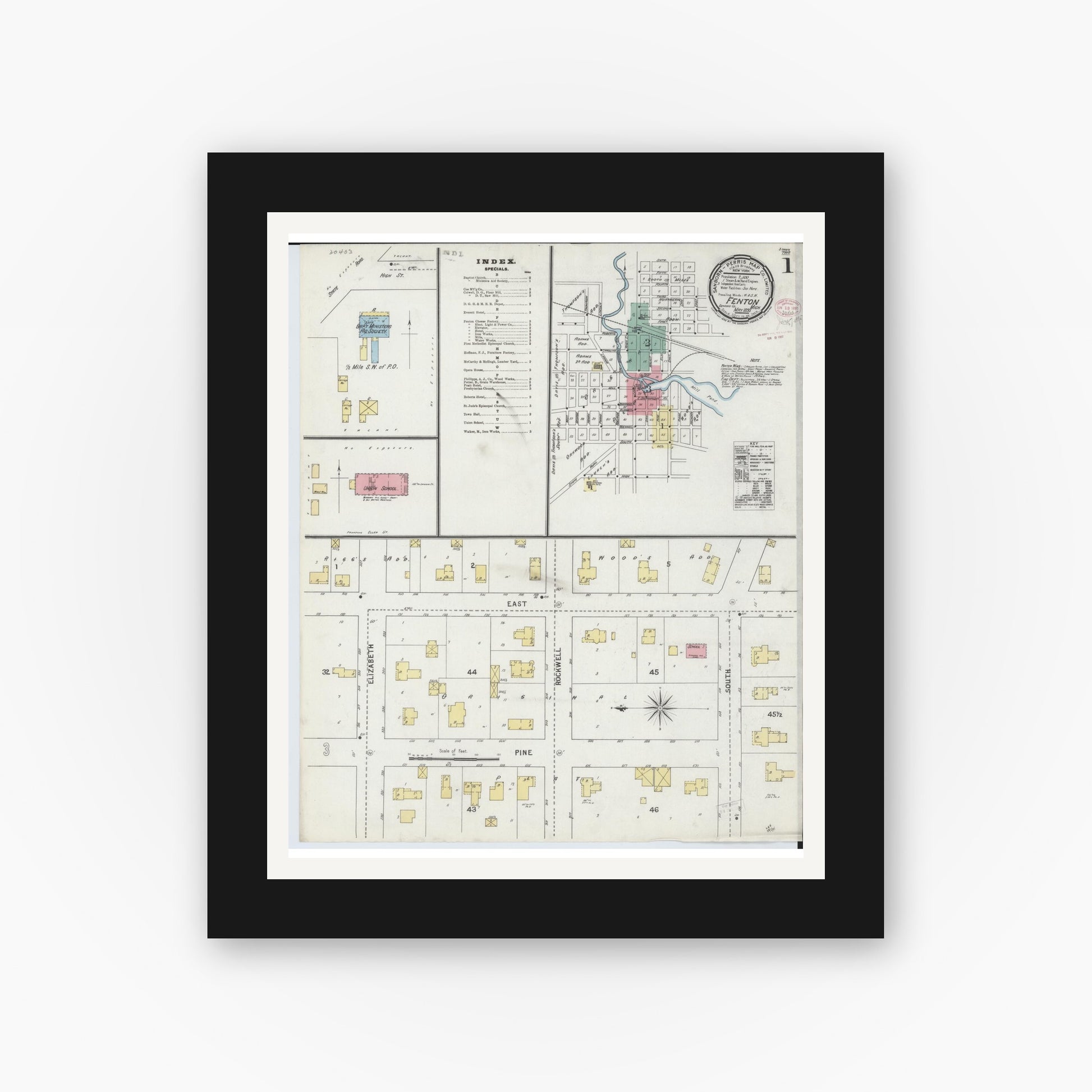Old map wall art mockup — black gallery frame with white mat — Sanborn Fire Insurance Map from Fenton, Genesee County, Michigan (1895), Sheet #0001