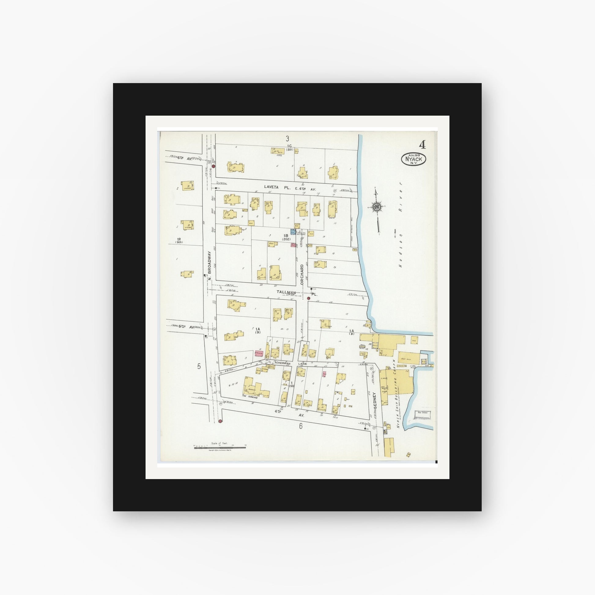 Old map wall art mockup — black gallery frame with white mat — Sanborn Fire Insurance Map from Nyack, Rockland County, New York. (1919), Sheet #0004