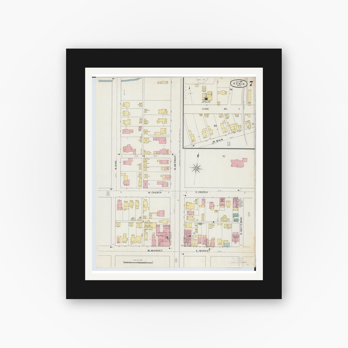 Old map wall art mockup — black gallery frame with white mat — Sanborn Fire Insurance Map from Xenia, Greene County, Ohio (1895), Sheet #0007