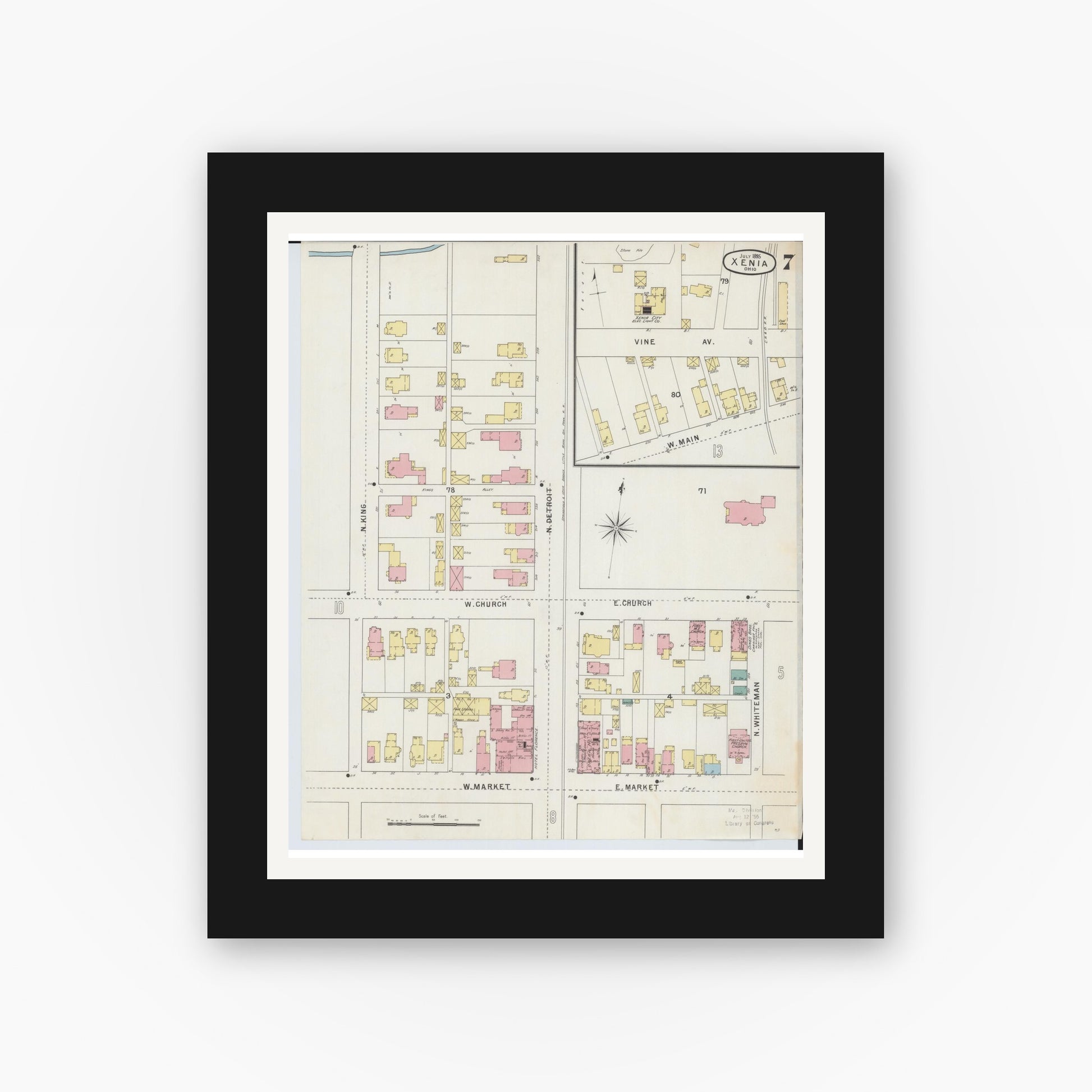 Old map wall art mockup — black gallery frame with white mat — Sanborn Fire Insurance Map from Xenia, Greene County, Ohio (1895), Sheet #0007