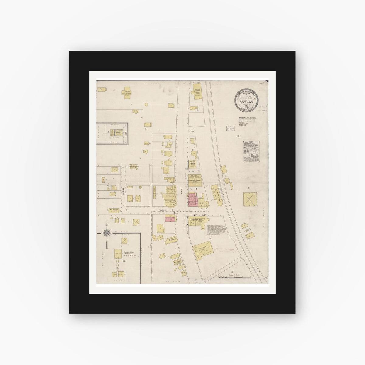 Old map wall art mockup — black gallery frame with white mat — Sanborn Fire Insurance Map from Hopland, Mendocina County, California (1919), Sheet #0001