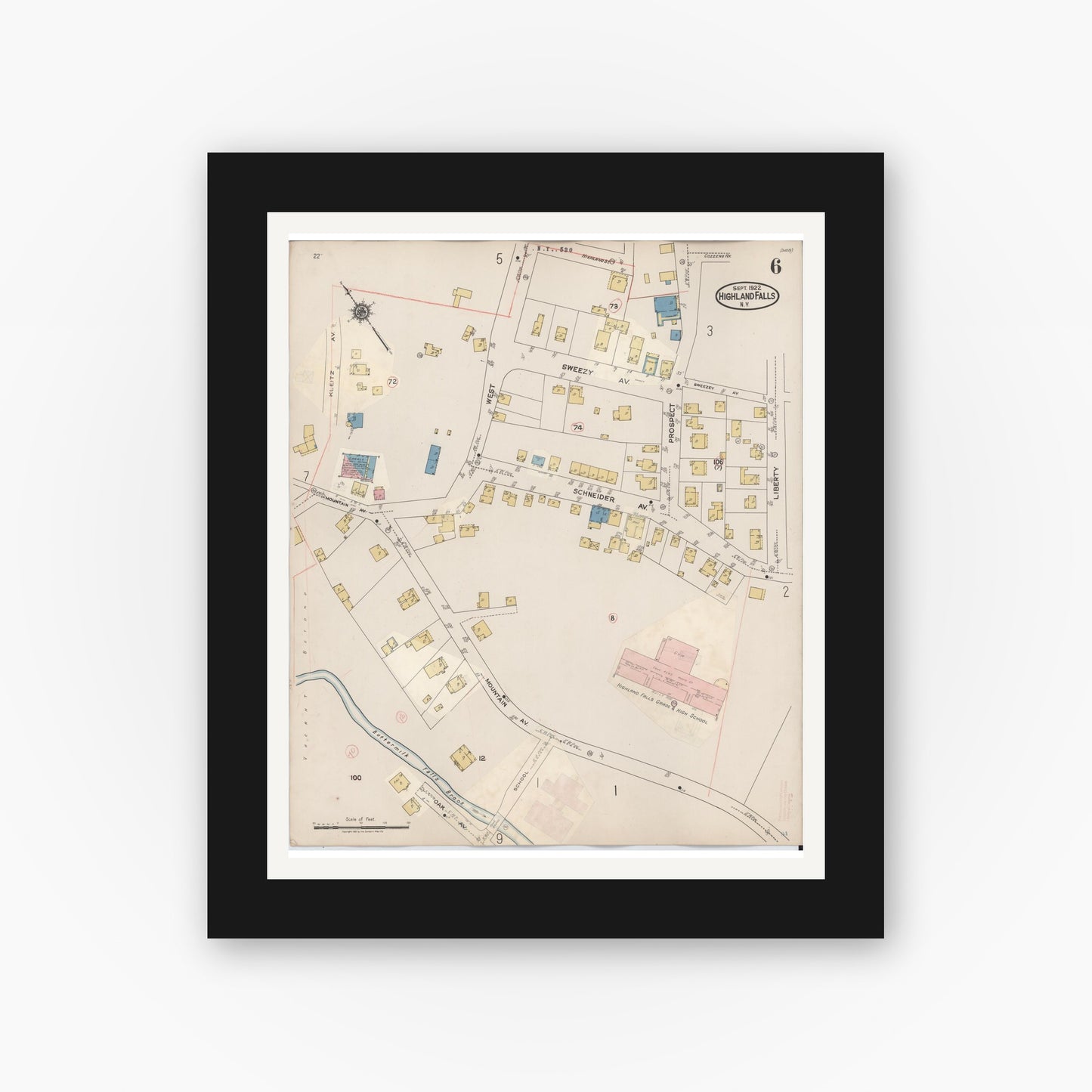 Old map wall art mockup — black gallery frame with white mat — Sanborn Fire Insurance Map from Highland Falls, Orange County, New York (1937), Sheet #0006