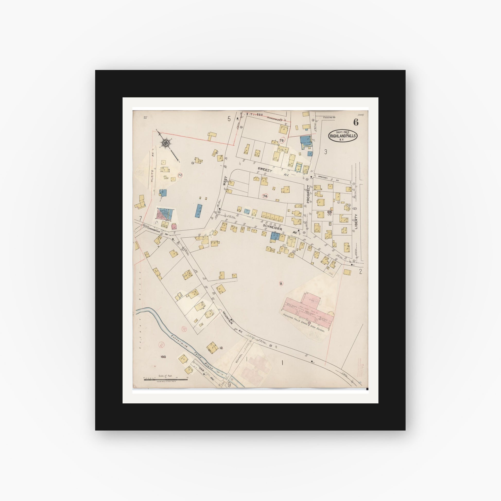 Old map wall art mockup — black gallery frame with white mat — Sanborn Fire Insurance Map from Highland Falls, Orange County, New York (1937), Sheet #0006