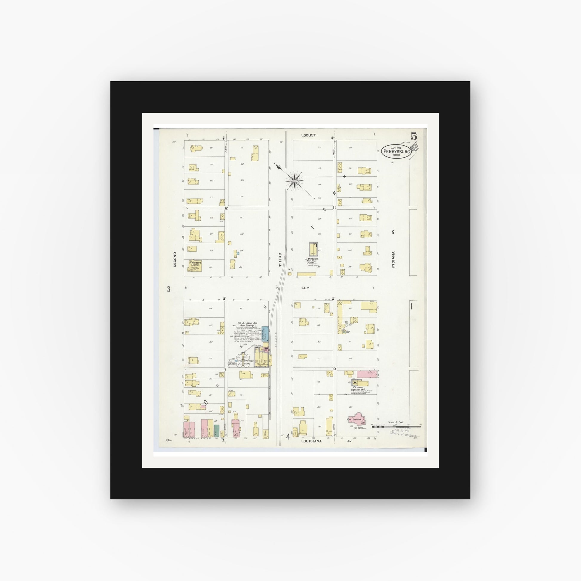Old map wall art mockup — black gallery frame with white mat — Sanborn Fire Insurance Map from Perrysburg, Wood County, Ohio (1908), Sheet #0005