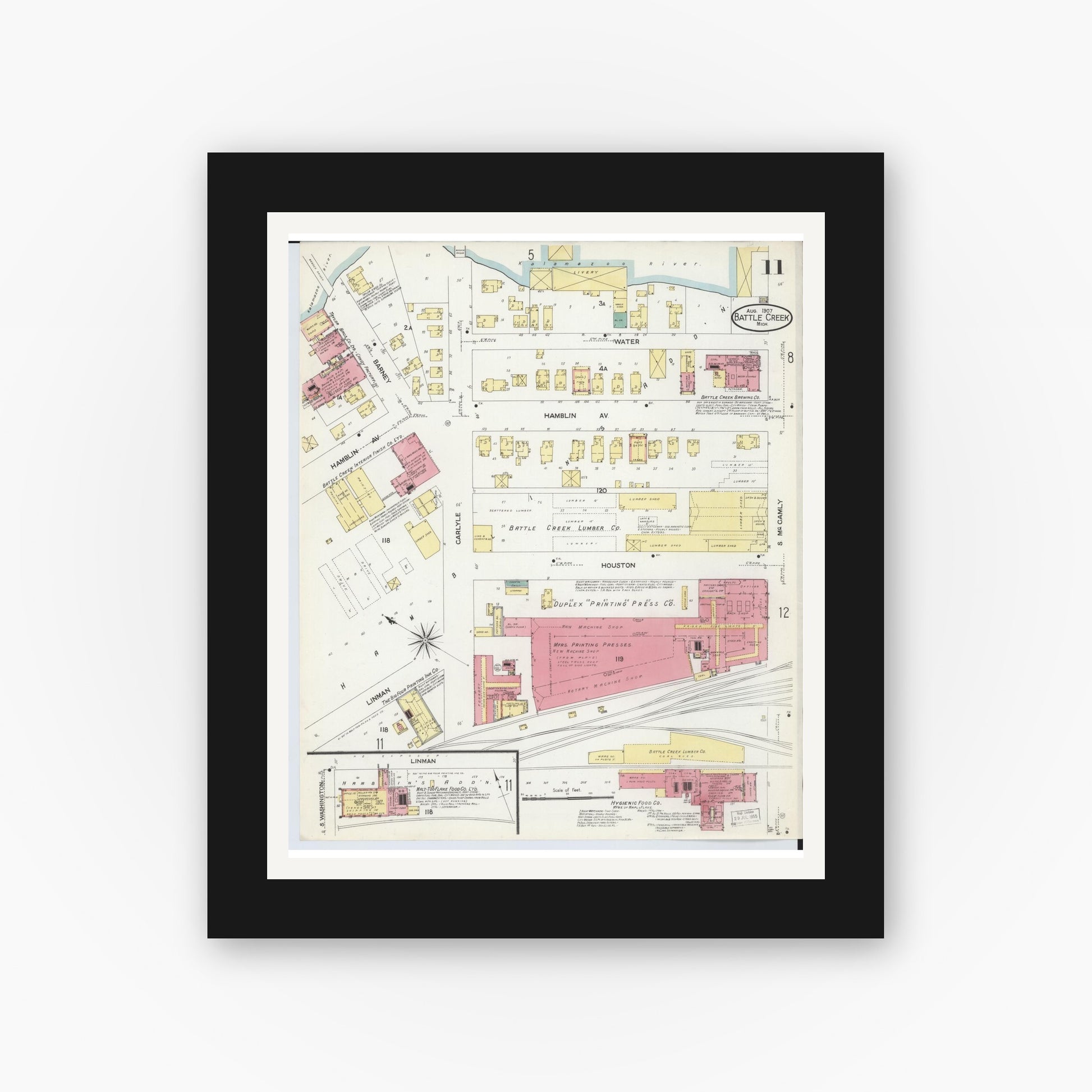Old map wall art mockup — black gallery frame with white mat — Sanborn Fire Insurance Map from Battle Creek, Calhoun County, Michigan (1907), Sheet #0011