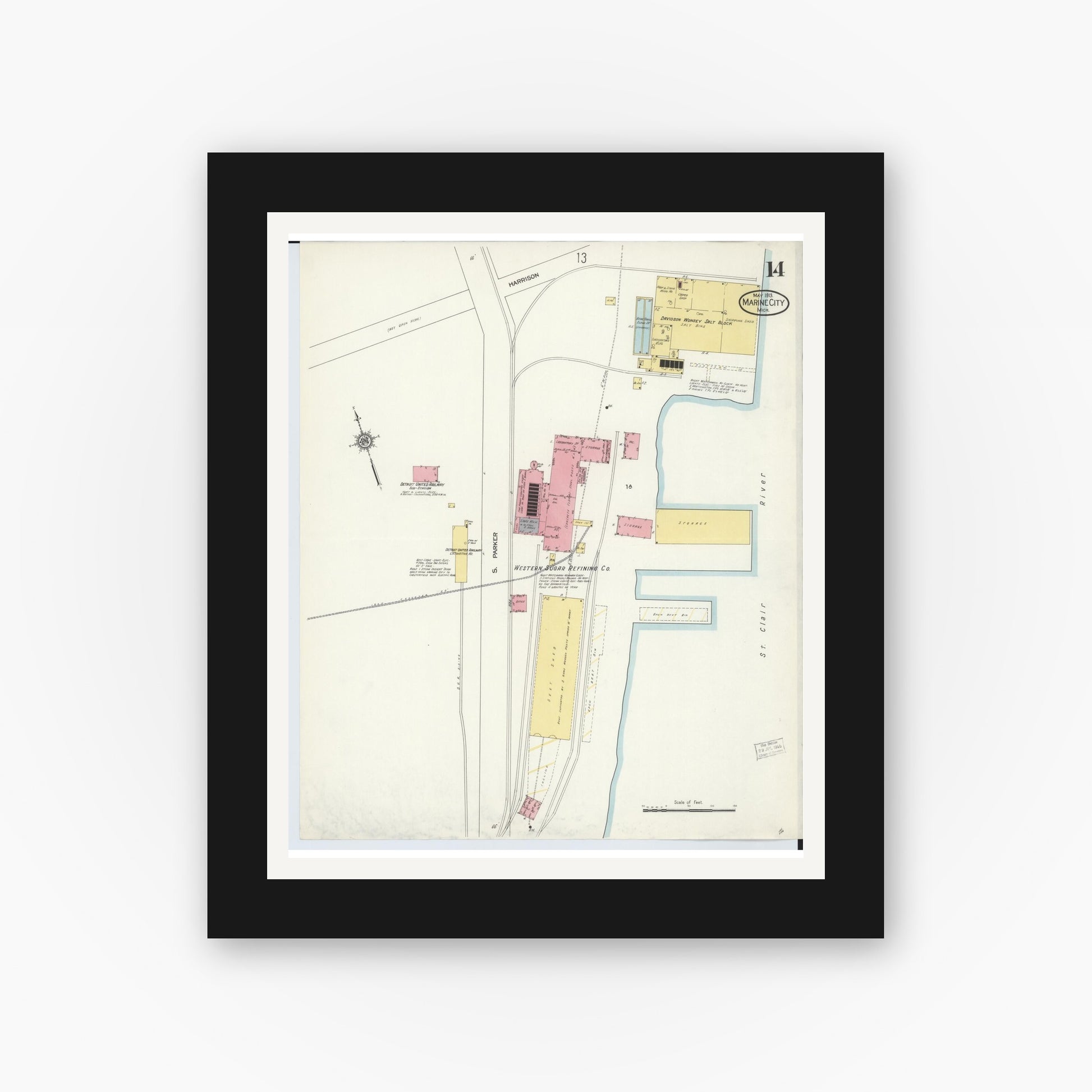 Old map wall art mockup — black gallery frame with white mat — Sanborn Fire Insurance Map from Marine City, Saint Clair County, Michigan (1913), Sheet #0014