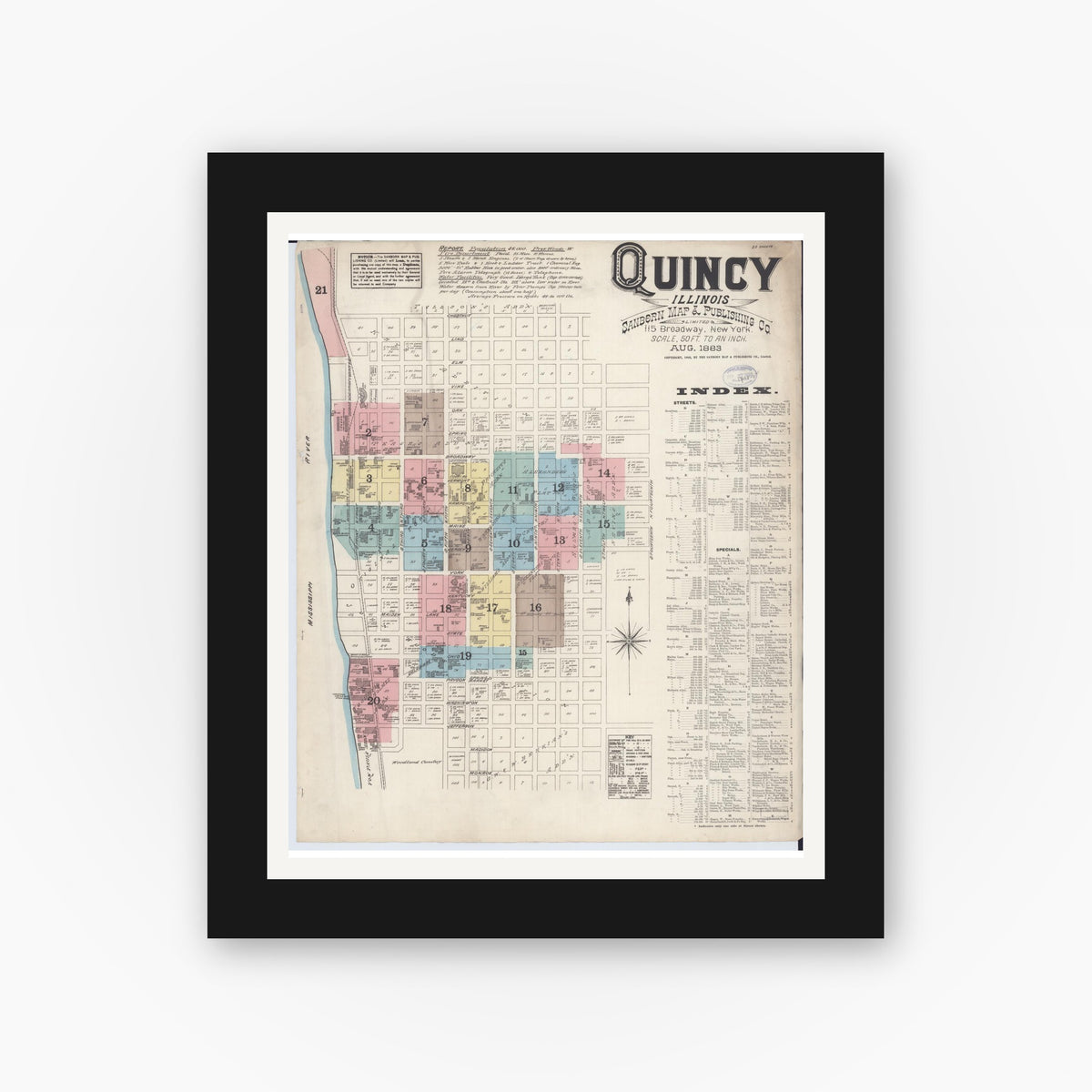 Old map wall art mockup — black gallery frame with white mat — Sanborn Fire Insurance Map from Quincy, Adams County, Illinois (1883) - Complete Map Set