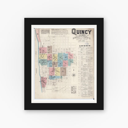 Old map wall art mockup — black gallery frame with white mat — Sanborn Fire Insurance Map from Quincy, Adams County, Illinois (1883) - Complete Map Set