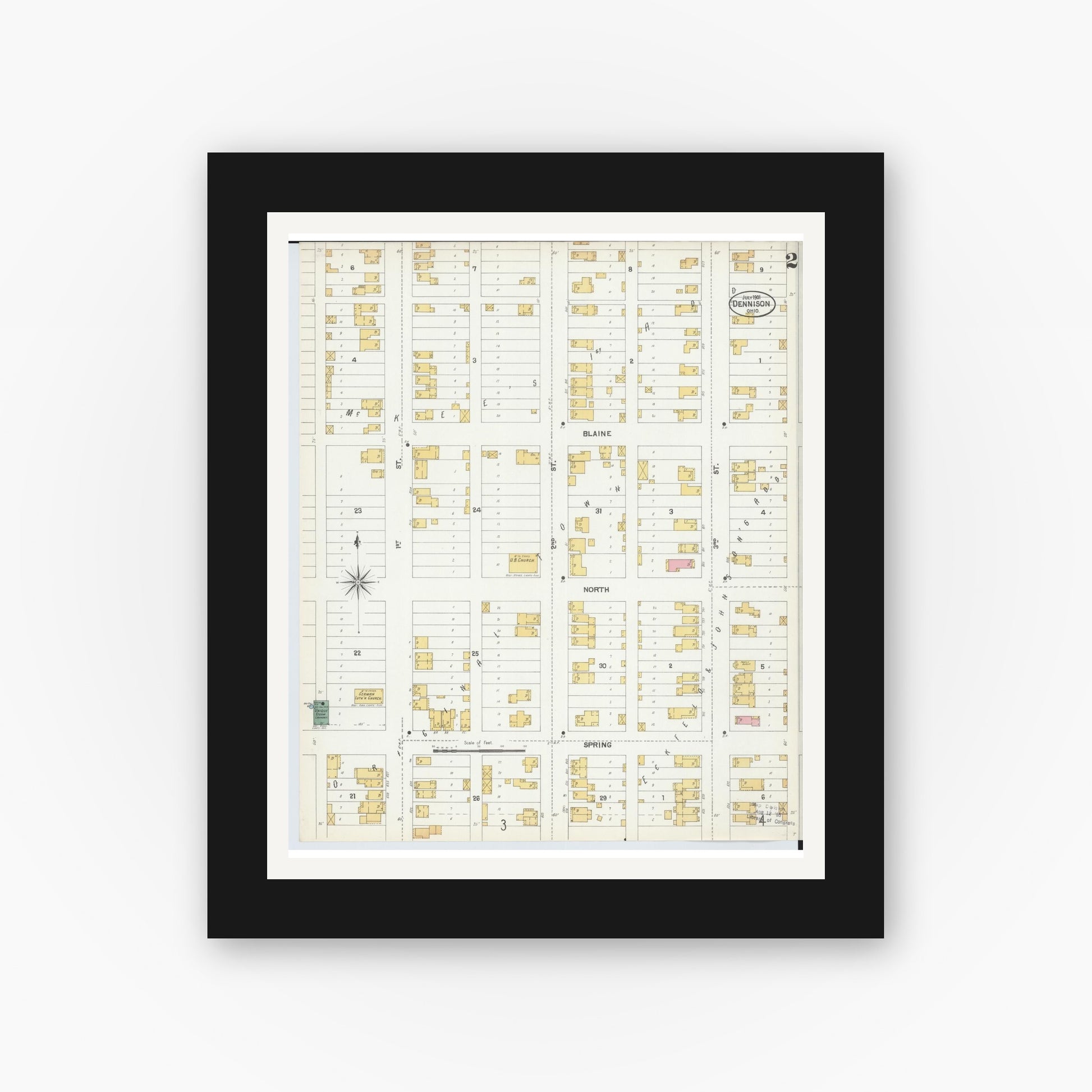Old map wall art mockup — black gallery frame with white mat — Sanborn Fire Insurance Map from Dennison, Tuscarawas County, Ohio (1901), Sheet #0002