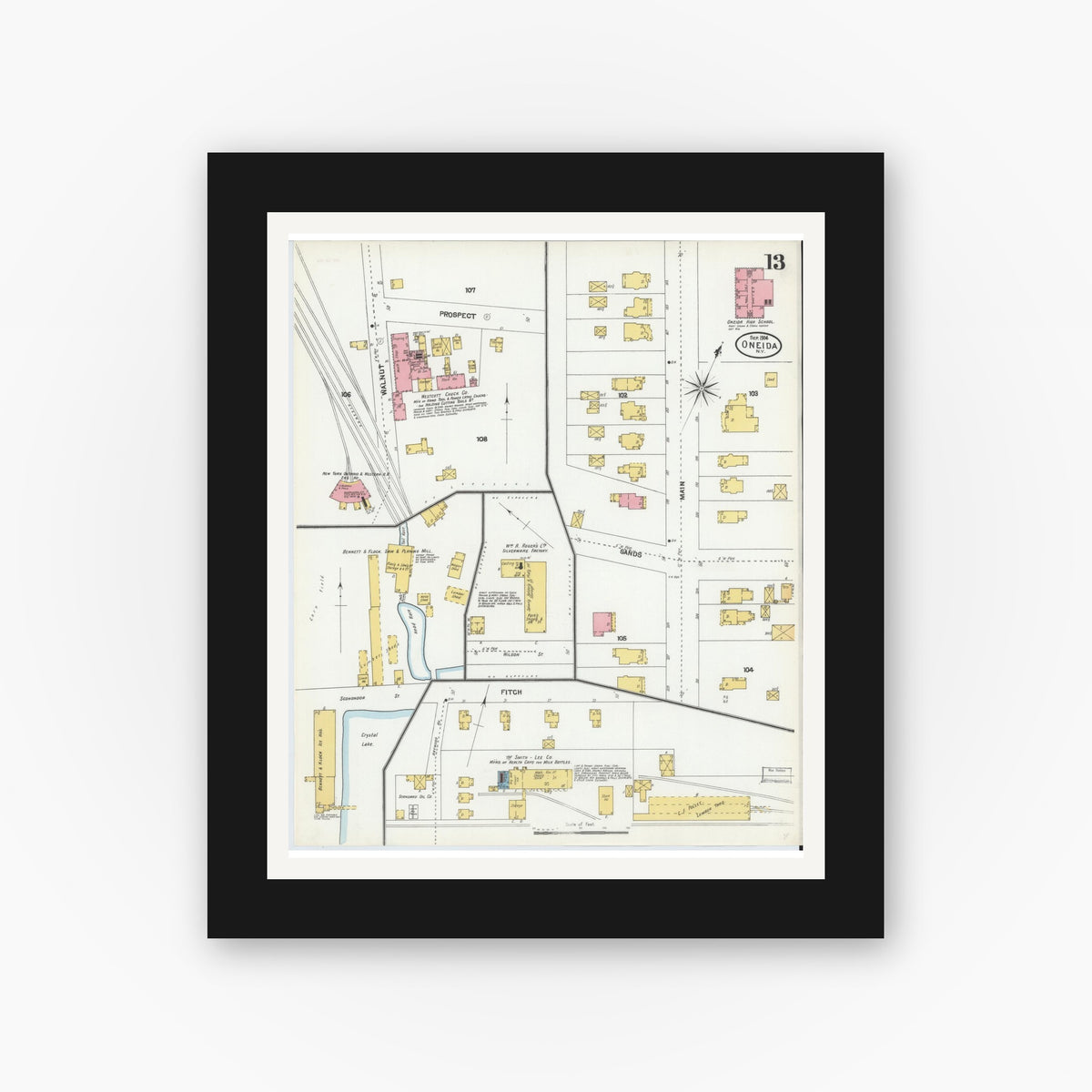 Old map wall art mockup — black gallery frame with white mat — Sanborn Fire Insurance Map from Oneida, Madison County, New York (1904), Sheet #0012