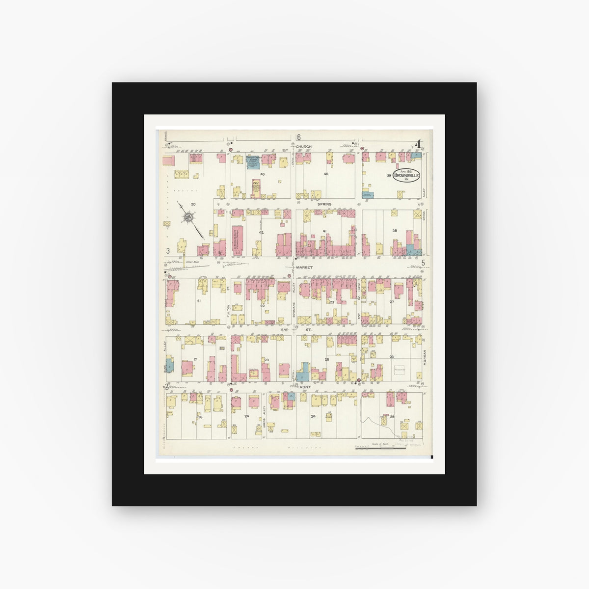 Old map wall art mockup — black gallery frame with white mat — Sanborn Fire Insurance Map from Brownsville, Fayette County, Pennsylvania (1913), Sheet #0004