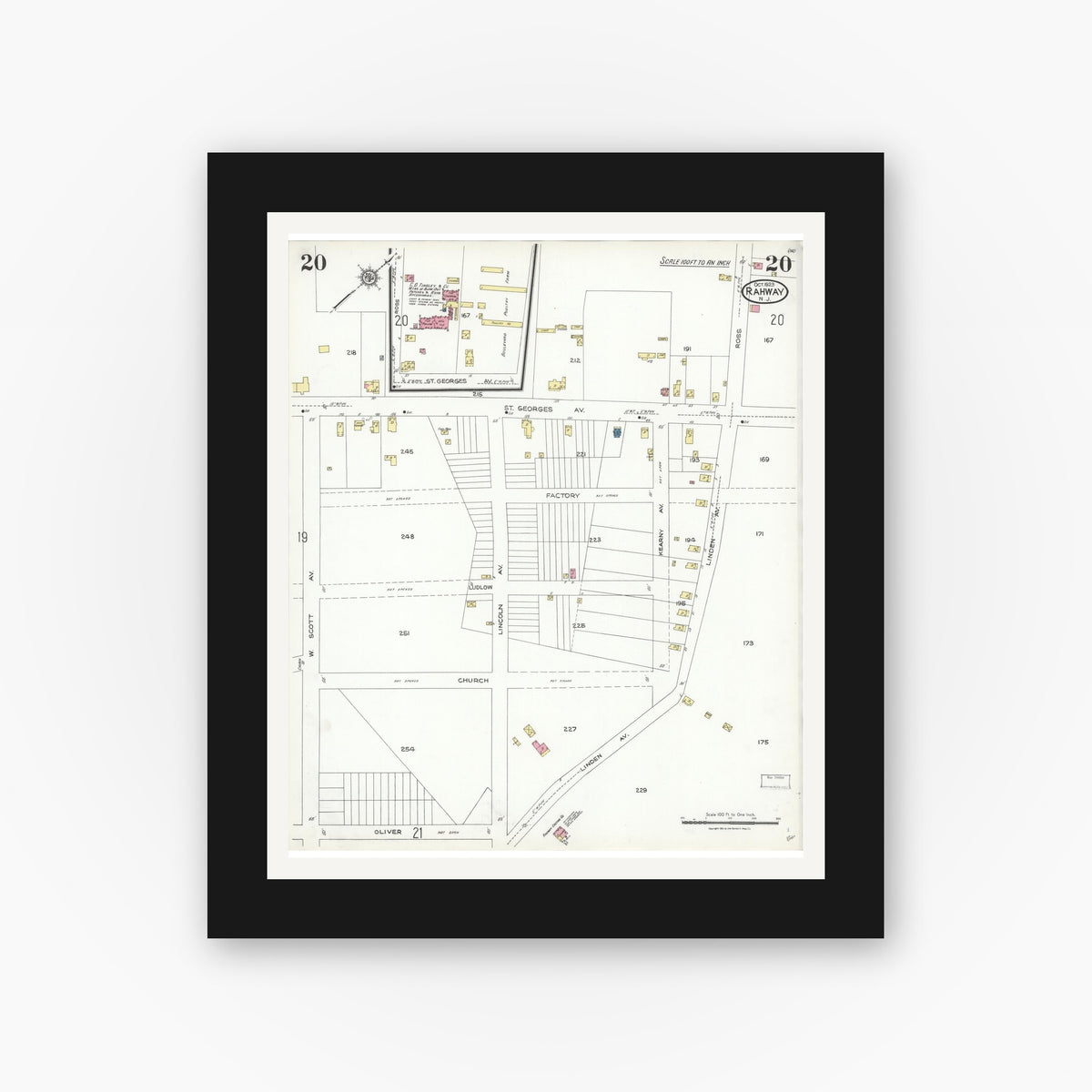 Old map wall art mockup — black gallery frame with white mat — Sanborn Fire Insurance Map from Rahway, Union County, New Jersey (1923), Sheet #0020