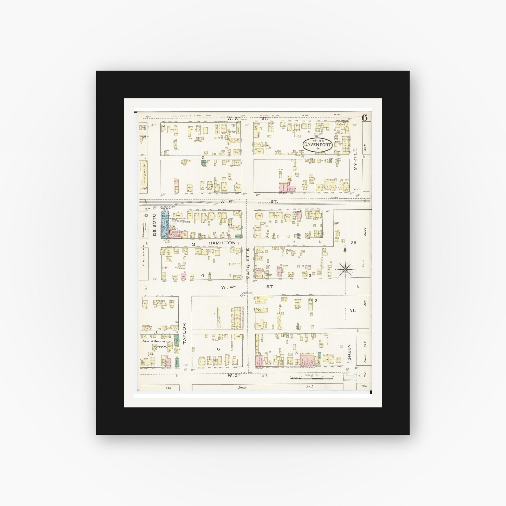 Old map wall art mockup — black gallery frame with white mat — Sanborn Fire Insurance Map from Davenport, Scott County, Iowa (1886), Sheet #0006
