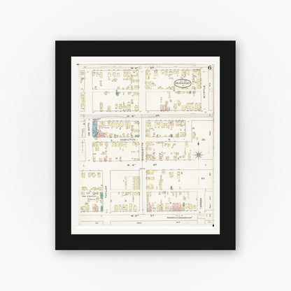 Old map wall art mockup — black gallery frame with white mat — Sanborn Fire Insurance Map from Davenport, Scott County, Iowa (1886), Sheet #0006