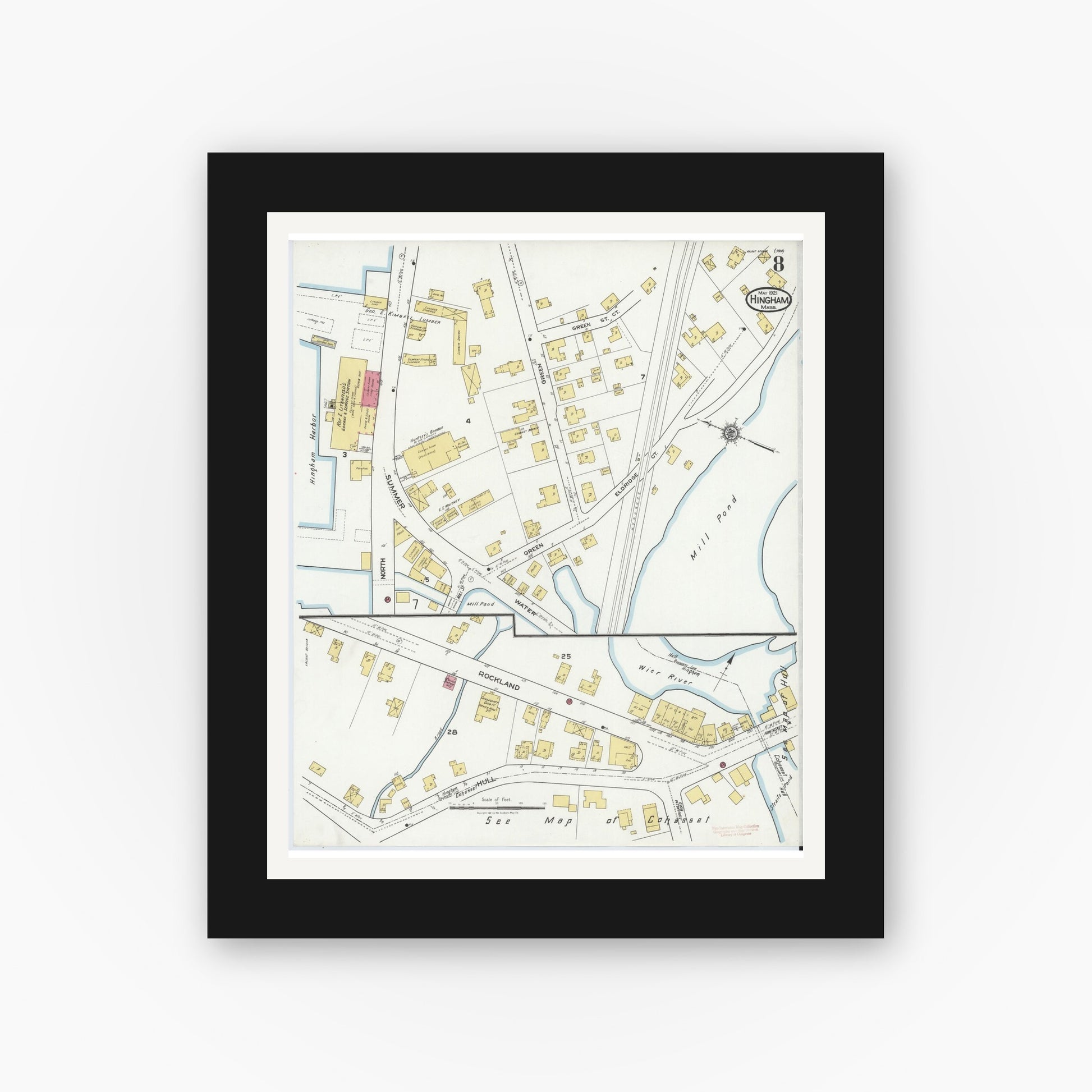 Old map wall art mockup — black gallery frame with white mat — Sanborn Fire Insurance Map from Hingham, Plymouth County, Massachusetts (1921), Sheet #0008