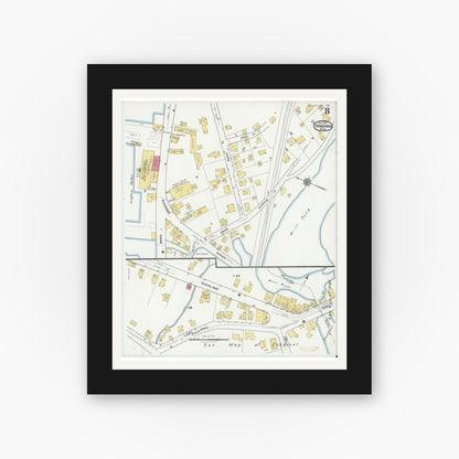 Old map wall art mockup — black gallery frame with white mat — Sanborn Fire Insurance Map from Hingham, Plymouth County, Massachusetts (1921), Sheet #0008