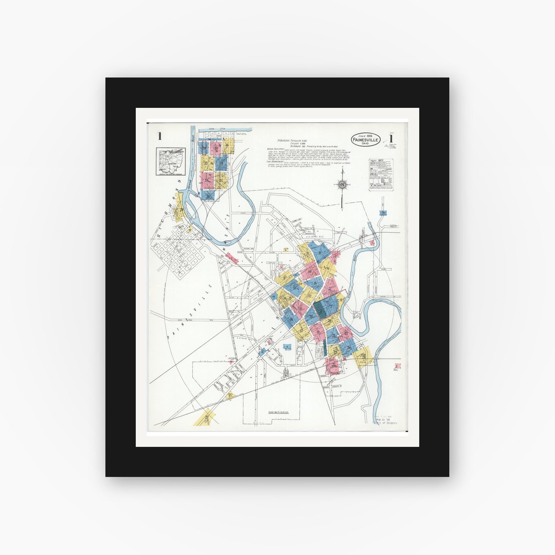 Old map wall art mockup — black gallery frame with white mat — Sanborn Fire Insurance Map from Painesville, Lake County, Ohio (1926), Sheet #0001