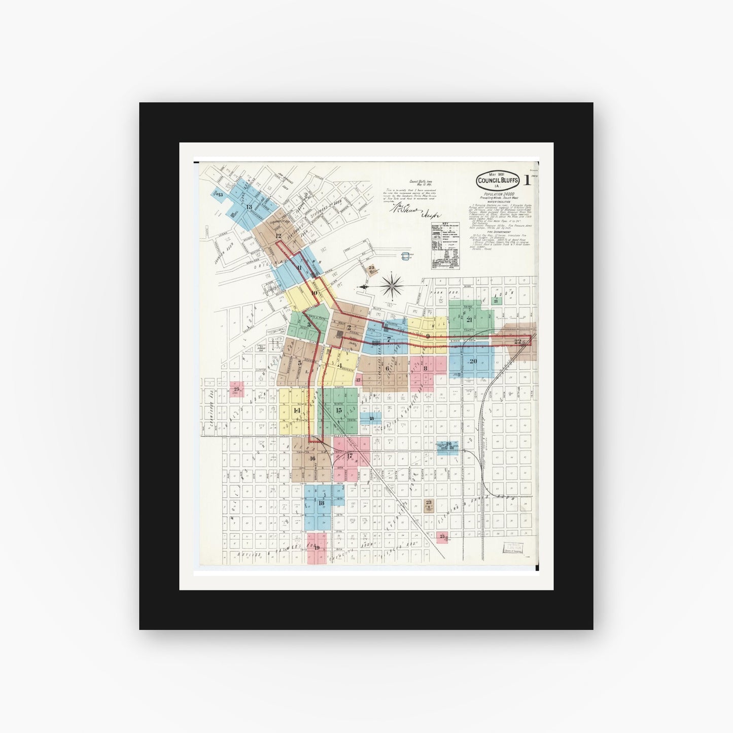 Old map wall art mockup — black gallery frame with white mat — Sanborn Fire Insurance Map from Council Bluffs, Pottawattamie County, Iowa (1891) â€” Complete Set