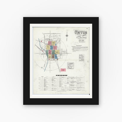 Old map wall art mockup — black gallery frame with white mat — Sanborn Fire Insurance Map from Eaton, Preble County, Ohio (1921) - Complete Map Set