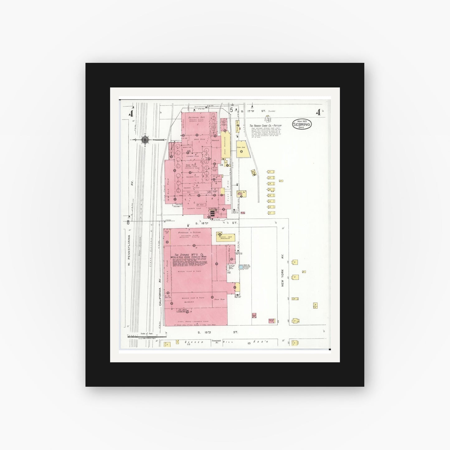 Old map wall art mockup — black gallery frame with white mat — Sanborn Fire Insurance Map from Sebring, Mahoning County, Ohio (1923), Sheet #0004