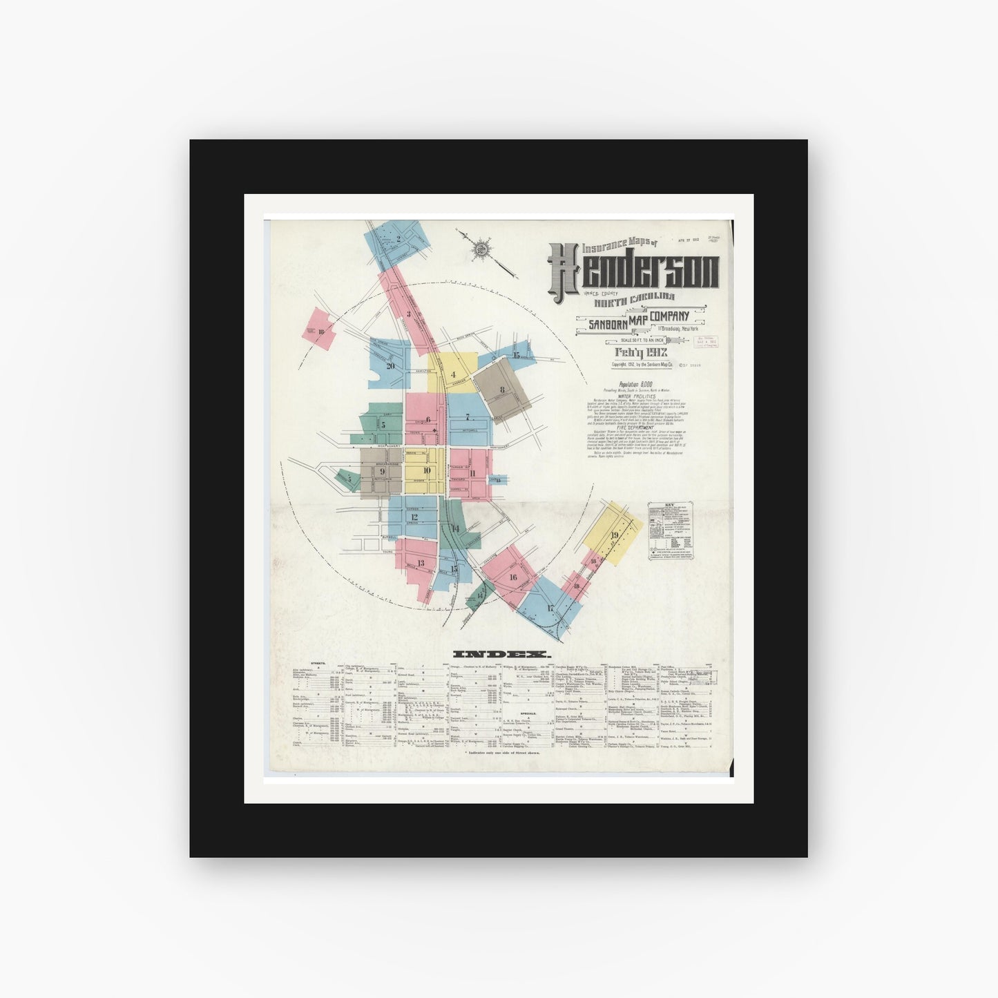 Old map wall art mockup — black gallery frame with white mat — Sanborn Fire Insurance Map from Henderson, Vance County, North Carolina (1912) - Complete Map Set