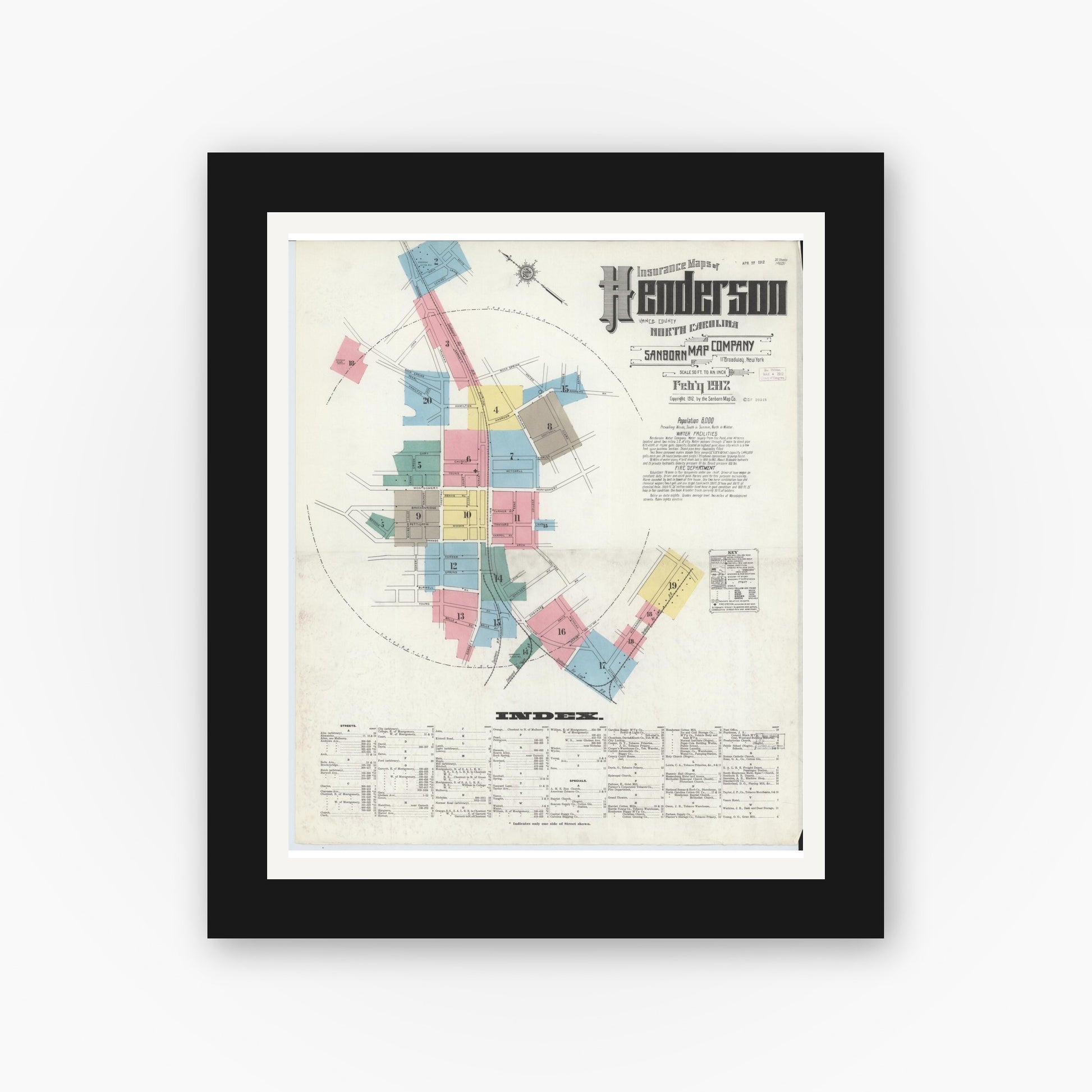 Old map wall art mockup — black gallery frame with white mat — Sanborn Fire Insurance Map from Henderson, Vance County, North Carolina (1912) - Complete Map Set