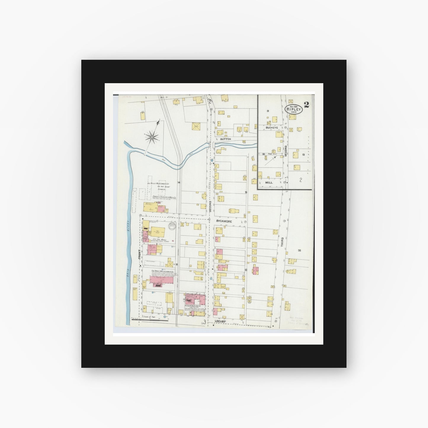 Old map wall art mockup — black gallery frame with white mat — Sanborn Fire Insurance Map from Ripley, Brown County, Ohio (1904), Sheet #0002