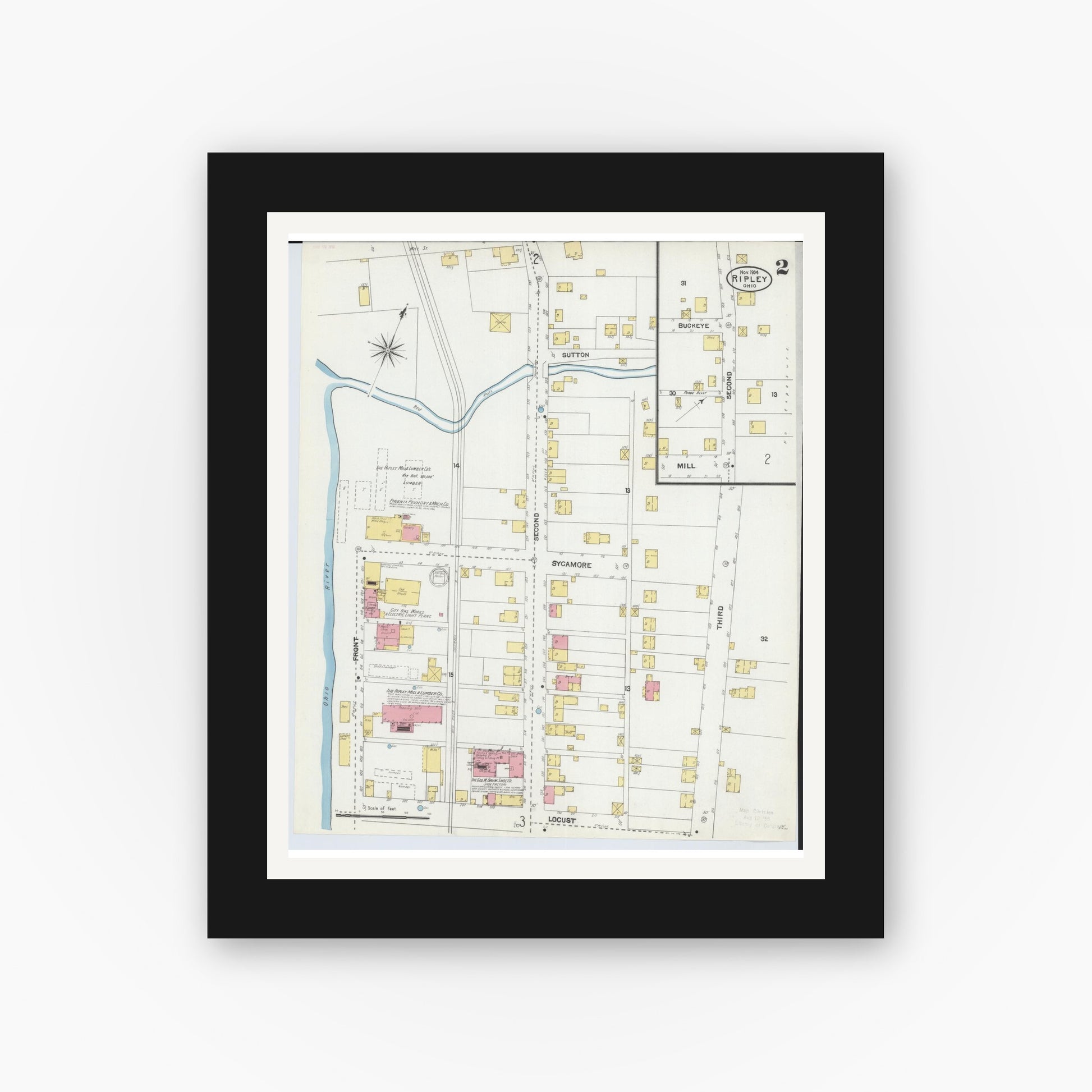 Old map wall art mockup — black gallery frame with white mat — Sanborn Fire Insurance Map from Ripley, Brown County, Ohio (1904), Sheet #0002