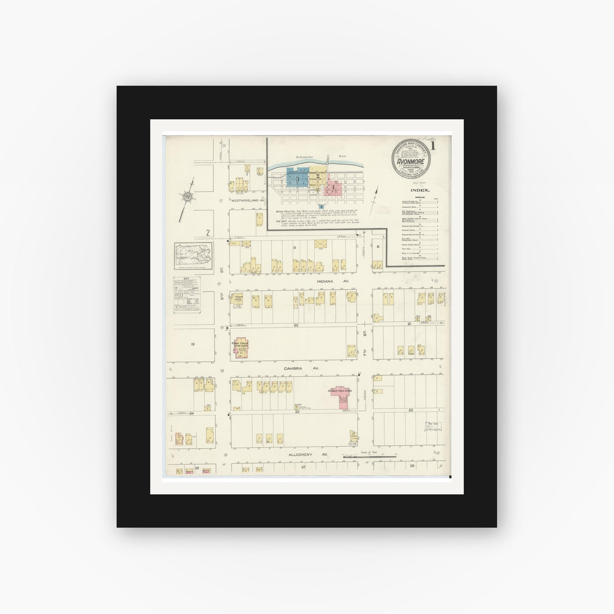Old map wall art mockup — black gallery frame with white mat — Sanborn Fire Insurance Map from Avonmore, Westmoreland County, Pennsylvania (1913), Sheet #0001
