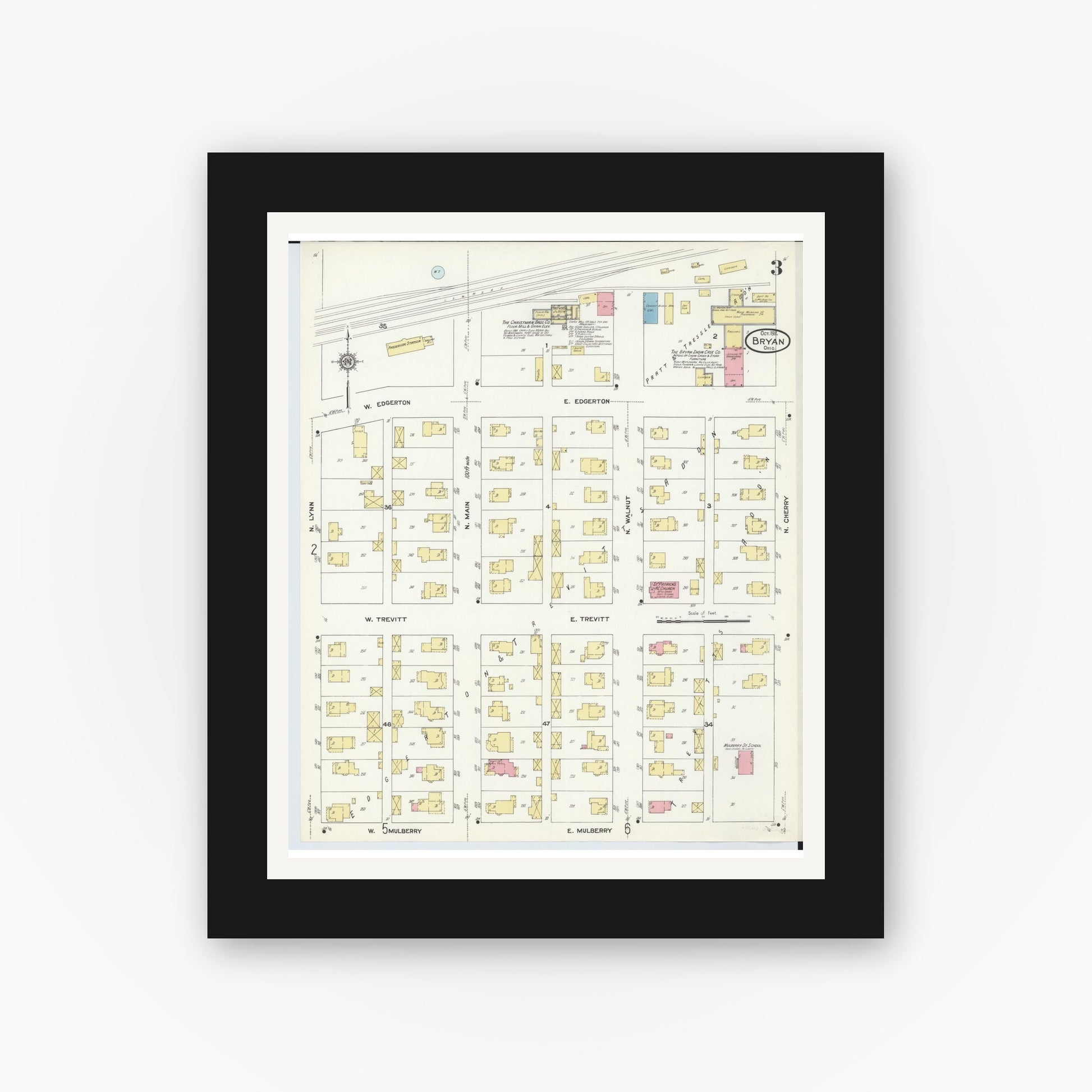Old map wall art mockup — black gallery frame with white mat — Sanborn Fire Insurance Map from Bryan, Williams County, Ohio (1911), Sheet #0003